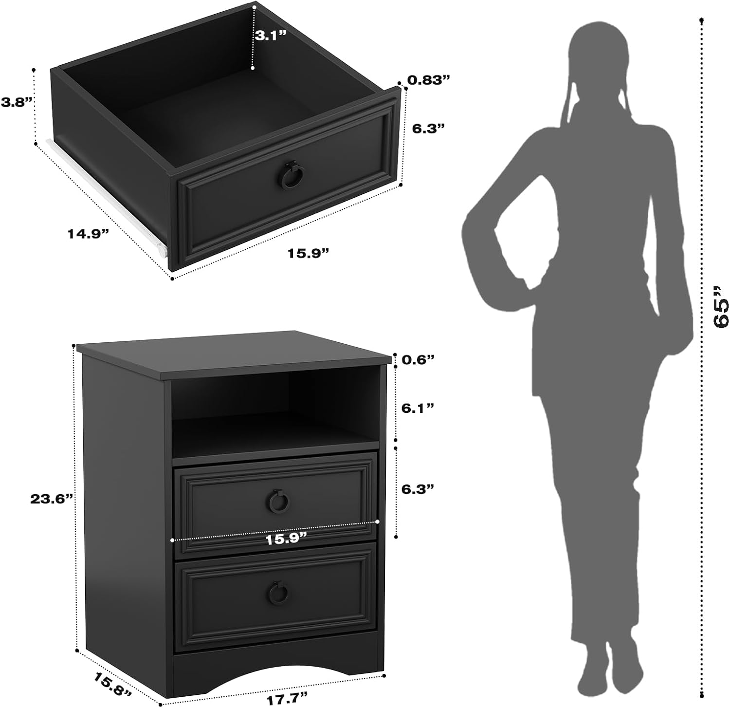 HolliWill Set of 2 Large Night Stand with Drawers, 17.7' W Nightstand with 2 Drawers, Accent Bed Side Table and End Table with Large Open Storage for Bedroom, Living Room,Black