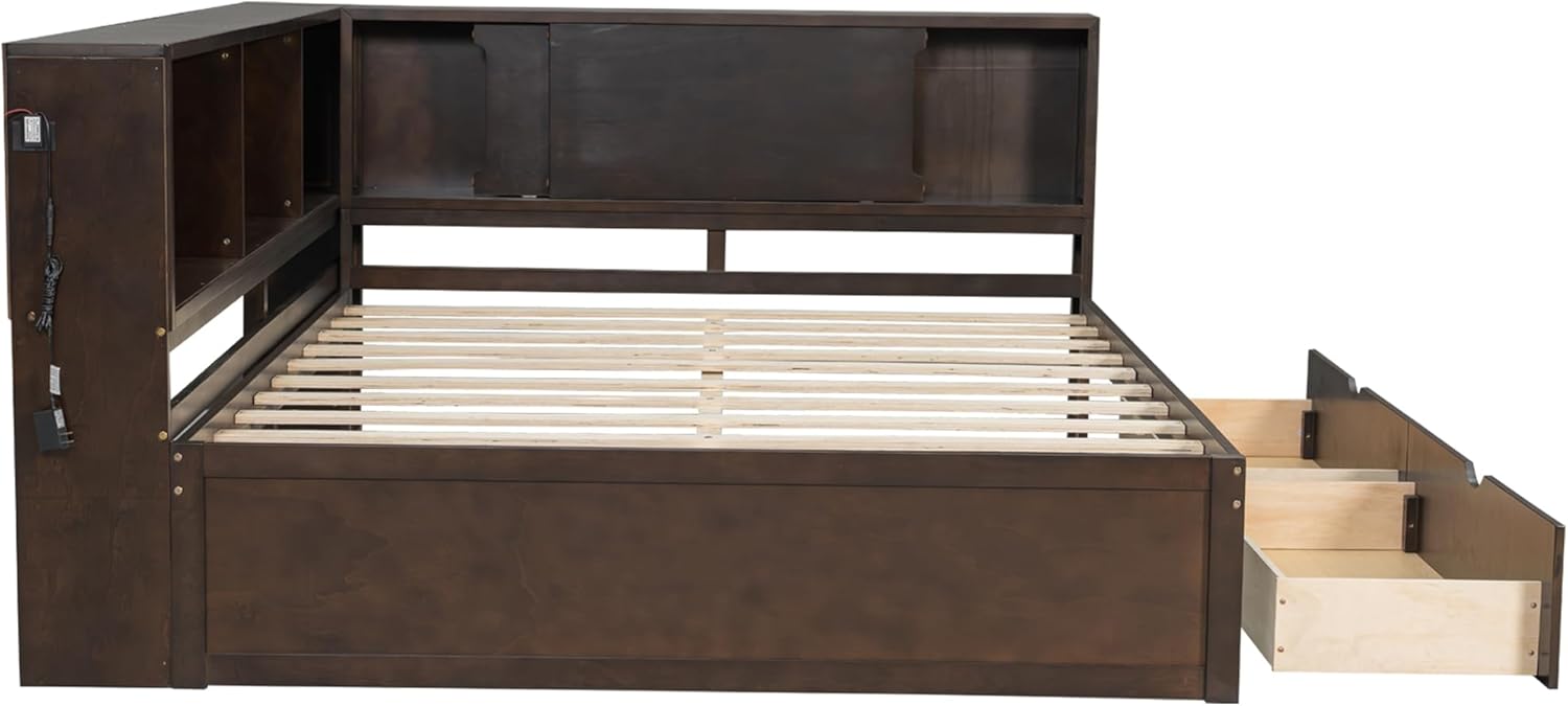 VilroCaz Queen Size Daybed with L-Shaped Headboard &Bookcases, Solid Wood Daybed Sofa Bed Frame with 2 Storage Drawers, USB, LED for Office Living Room Bedroom (Brown-2.18)