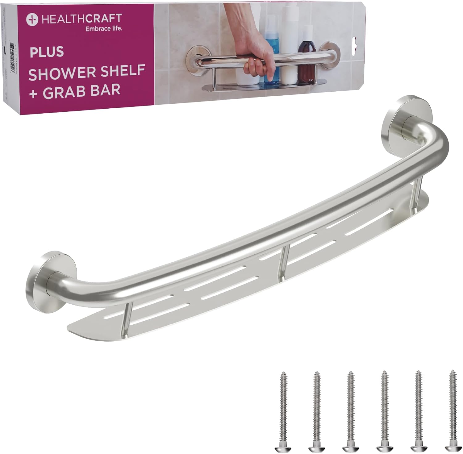 HEALTHCRAFT Plus Shampoo Shelf & Grab Bar 24' - Brushed Stainless, 500 Lbs | Built-in shampoo shelf, concealed screws, no separate shelf needed