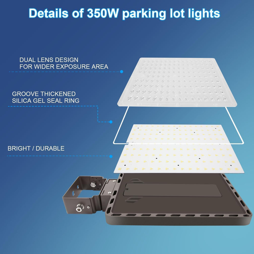 Juyace 350W LED Parking Lot Light with Photocell, 52500LM 5000K, IP65 Dusk to Dawn Outdoor Security Flood Light with Trunnion Bracket, 110-277V Commercial Area Light for Street Yard Stadium