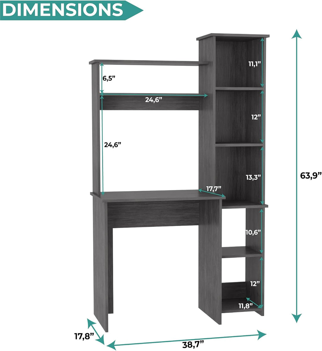Tuhome Versalles Writing Desk with Two Superior Shelves, Five Side Open Storage Compartments, Space-Saving Modern Workstation Design for Studios and Offices, Ideal for Organization, Books