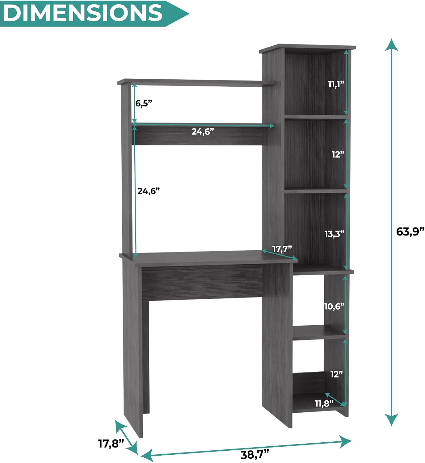 Tuhome Versalles Writing Desk with Two Superior Shelves, Five Side Open Storage Compartments, Space-Saving Modern Workstation Design for Studios and Offices, Ideal for Organization, Books