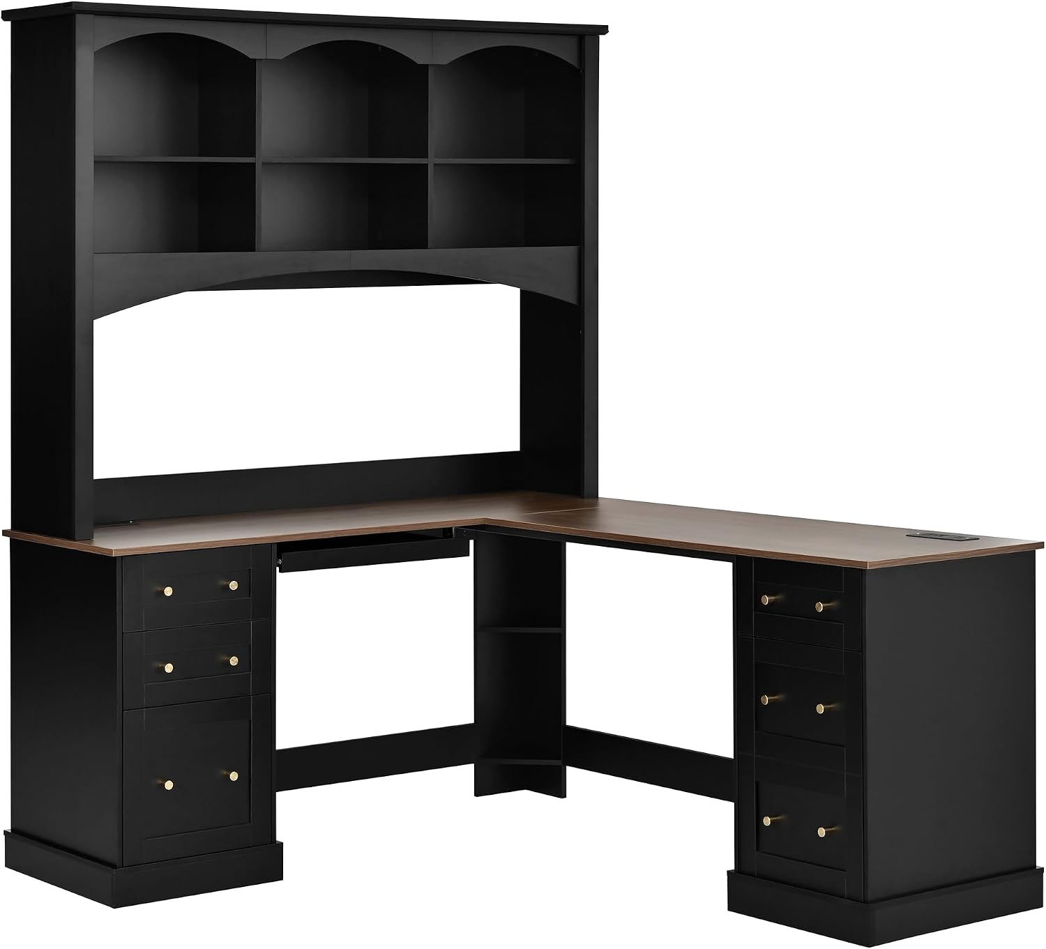 L-Shaped Computer Desk with Keyboard Tray | Charging Stations,Corner Desk with Arched Hutch, All-in-One Home Office Desk for Study, Office