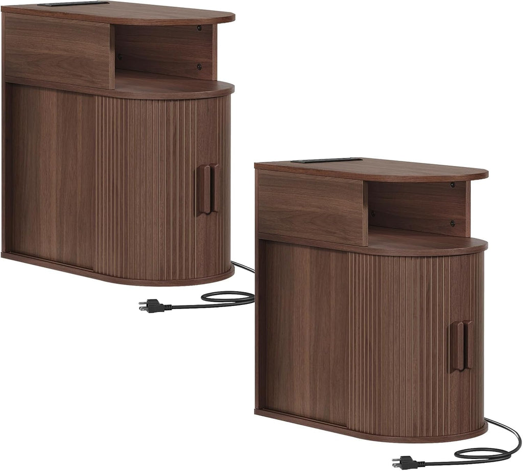 RALGEND Narrow End Table Set of 2,Fluted Sofa Side Table with Charging Station and Storage Shelf, Mid-Century Bedside Table, Modern Nightstand for Living Room,Bedroom,Walnut