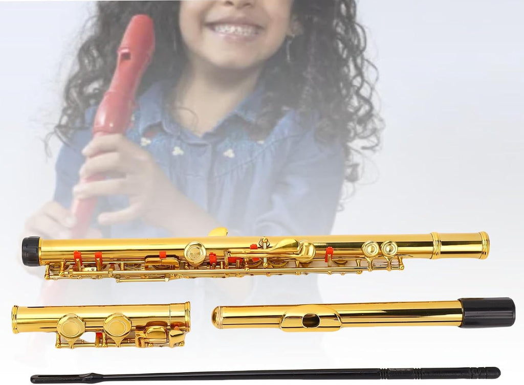 16 Keys C Flute Professional Closed Hole Cupronickel Flute Instrument with Split E Key Ergonomic Design for Beginner Student Adult Orchestra Performance Gold