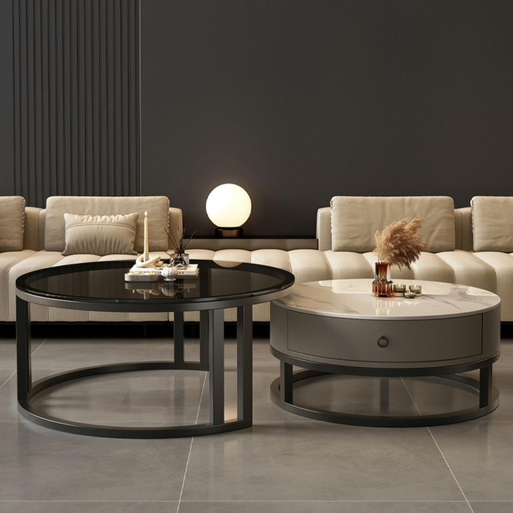 LITFAD 2-Piece Nesting Coffee Tables Steel Frame Round Slate Top Living Room Table Modern Cocktail Table with Storage Drawer for Living Room, Office, Cafe - 27.5' L + 19.5' L Black/Grey - Clear/White