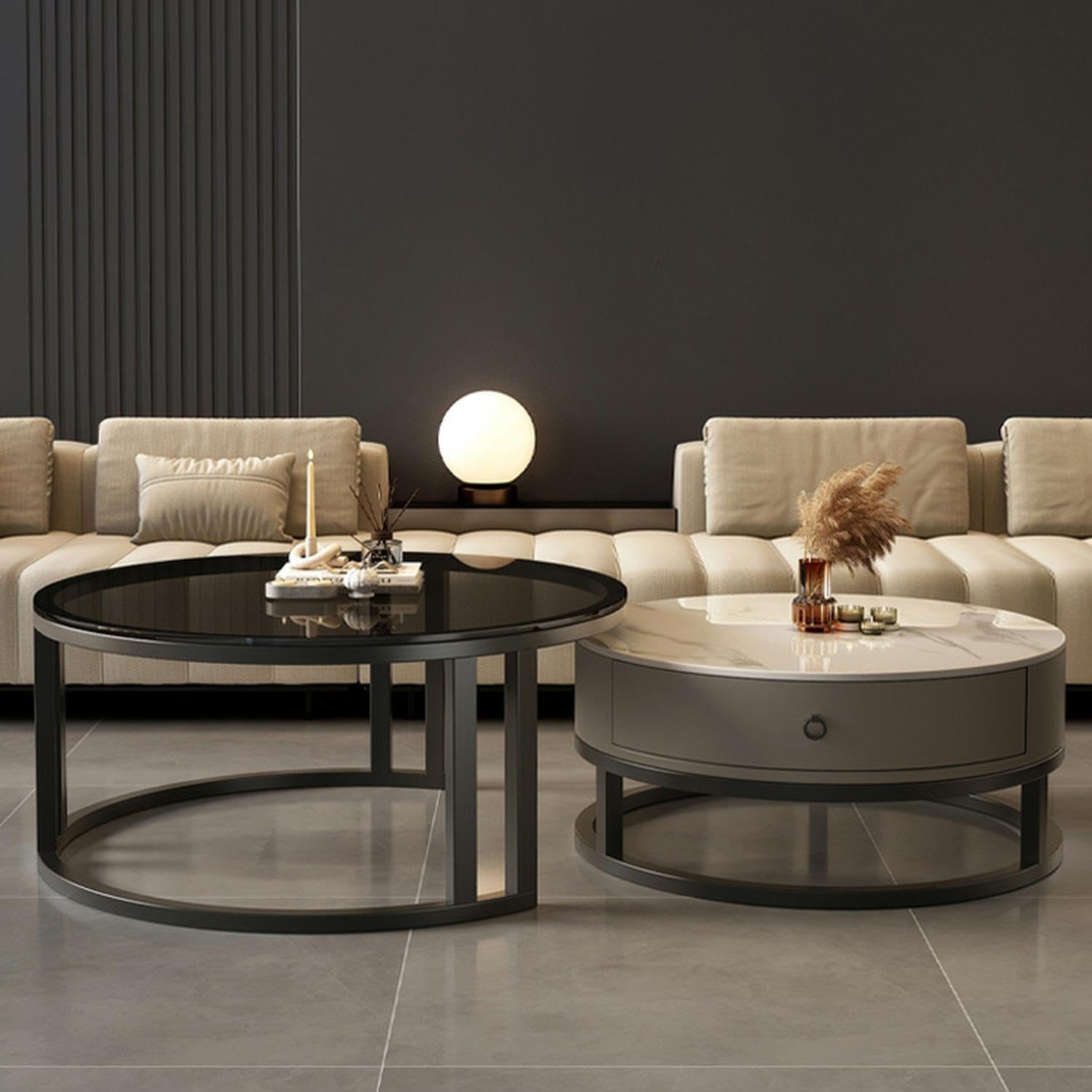 LITFAD 2-Piece Nesting Coffee Tables Steel Frame Round Slate Top Living Room Table Modern Cocktail Table with Storage Drawer for Living Room, Office, Cafe - 27.5' L + 19.5' L Black/Grey - Clear/White