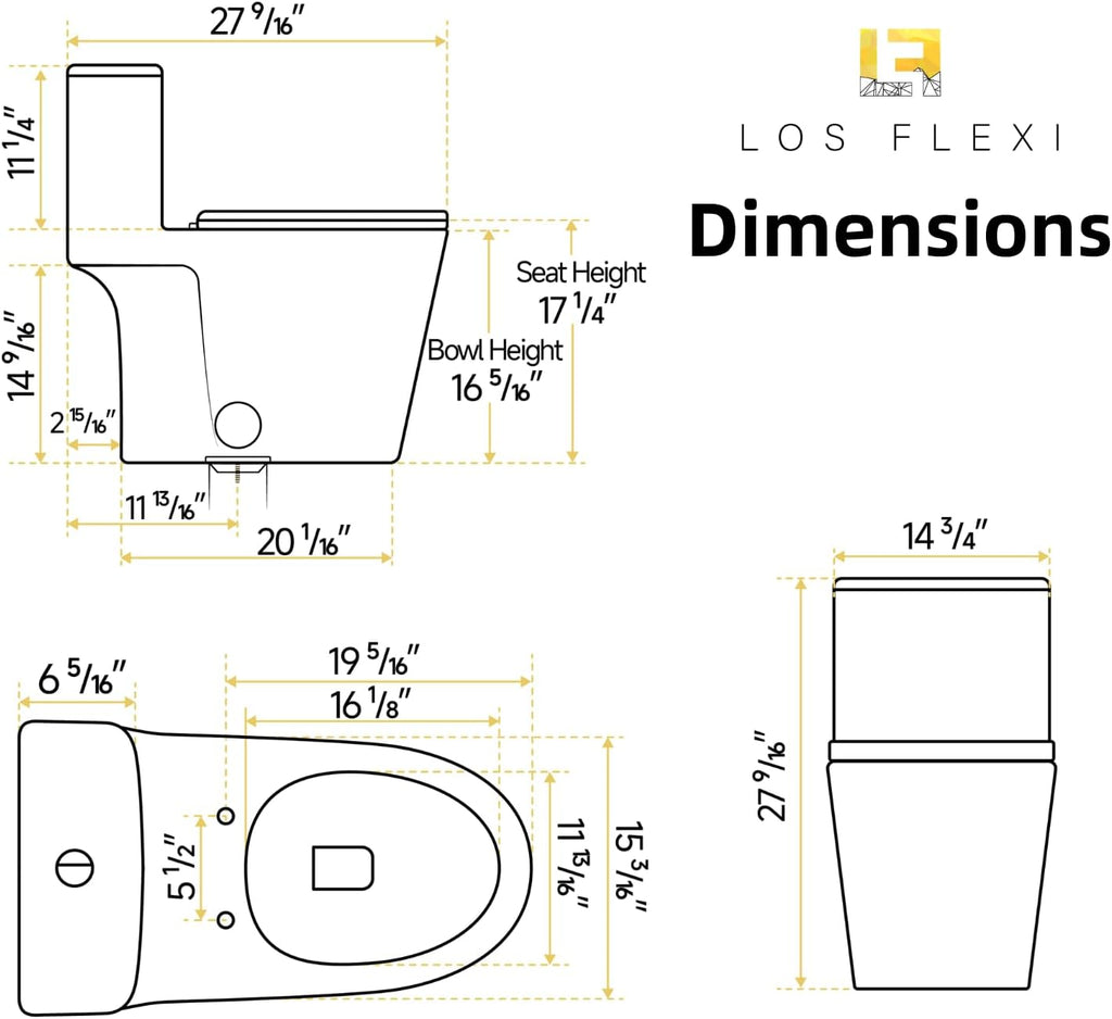 Black Toilet with Rimless Swirl Flush, Los Flexi 17.3' ADA Modern Elongated One Piece Toilets For Bathrooms, Dual Flush 1.0/1.28 GPF, Comfort Chair Height, Soft-Close Black Toilet Seat & 12' Rough-In