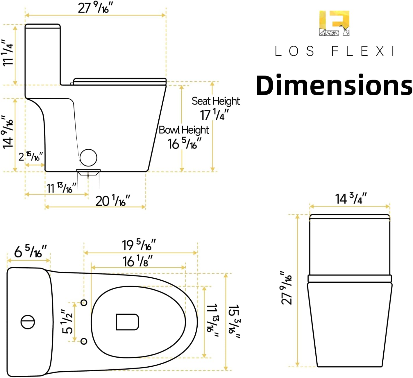 Black Toilet with Rimless Swirl Flush, Los Flexi 17.3' ADA Modern Elongated One Piece Toilets For Bathrooms, Dual Flush 1.0/1.28 GPF, Comfort Chair Height, Soft-Close Black Toilet Seat & 12' Rough-In