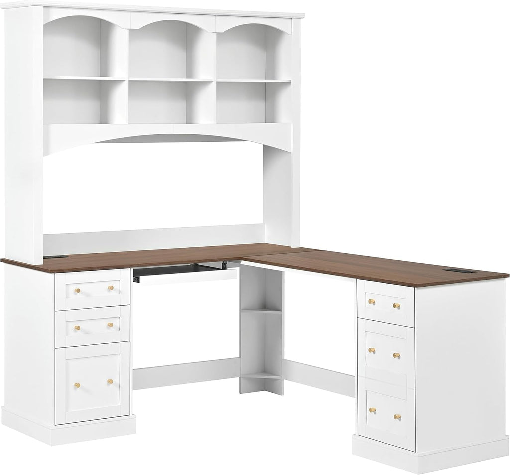 L-Shaped Computer Desk with Keyboard Tray | Charging Stations,Corner Desk with Arched Hutch, All-in-One Home Office Desk for Study, Office