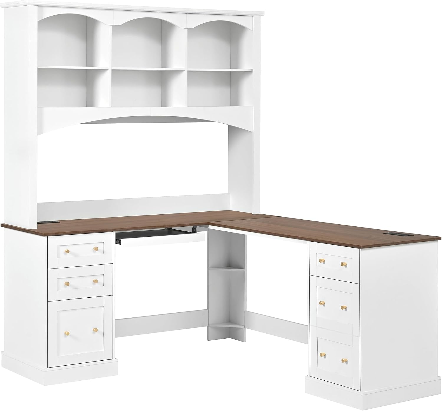 L-Shaped Computer Desk with Keyboard Tray | Charging Stations,Corner Desk with Arched Hutch, All-in-One Home Office Desk for Study, Office