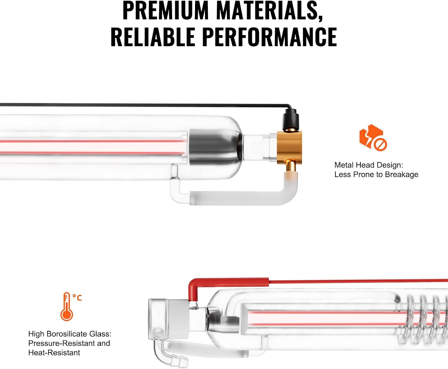 VEVOR 60W CO2 Laser Tube, 49.2 in (1250 mm) Length, 2 in (55 mm) Dia Borosilicate Glass Laser Cutter Tube with Metal Head, 5000-6000hr Wires Preconnected for Laser Engraver Engraving Cutting Machine
