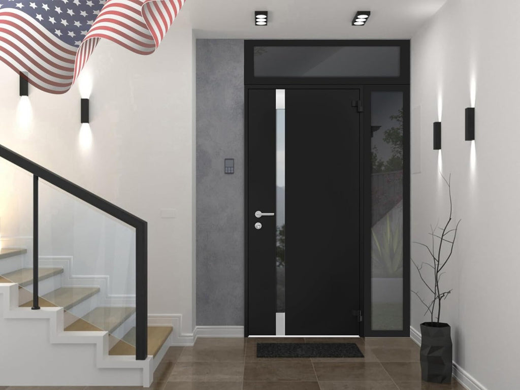 VDOMDOORS Front Exterior Prehung Steel Door/Cynex 6777 Black/Stainless Inserts Single Modern Painted-W36 x H80-Right-hand Inswing