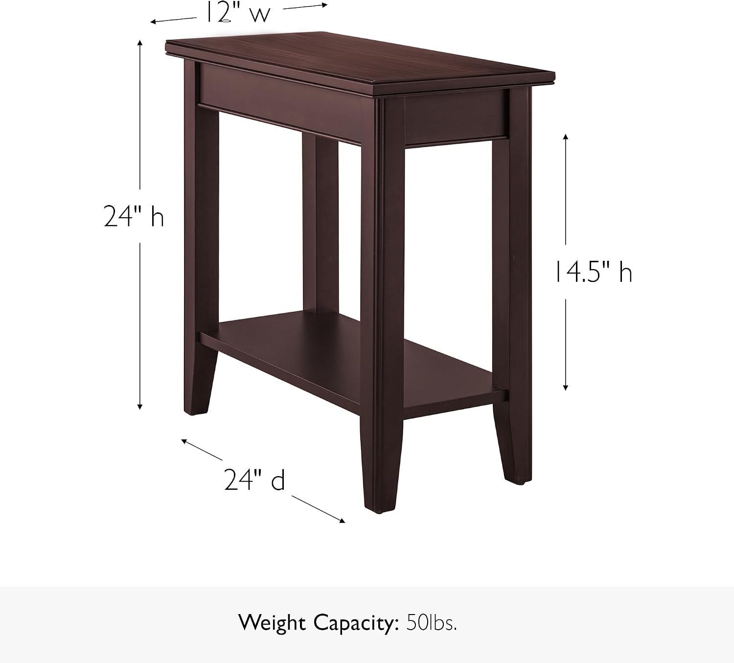 Leick Home Laurent End Table, Solid Wood, Bottom Display Shelf, Narrow, Easy-Assembly, For Living Room/Bedroom, Chocolate Cherry, 24.0 in. L x 12.0 in. W x 24.0 in. H, 10505