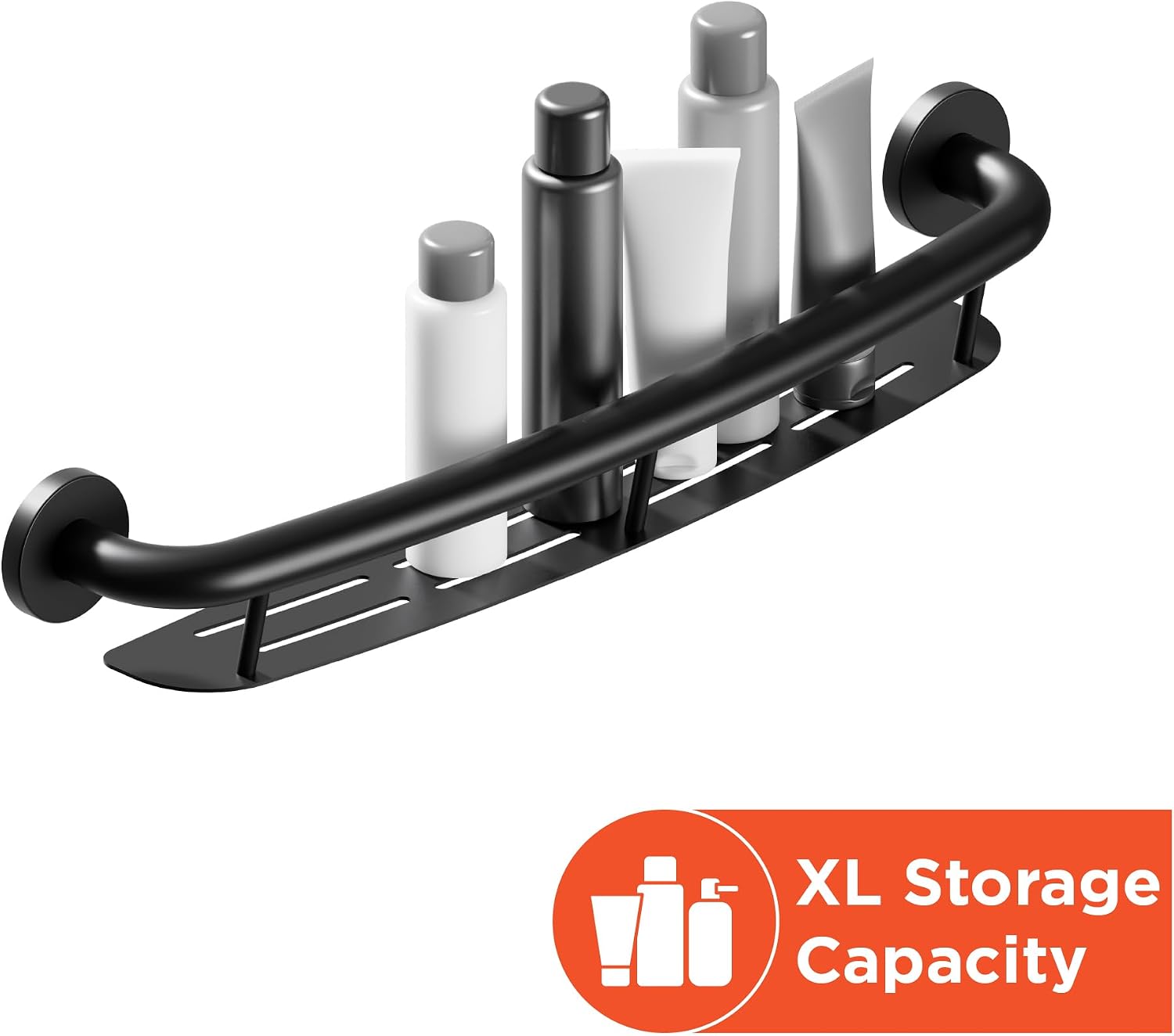 HEALTHCRAFT Plus Shampoo Shelf & Grab Bar 24', ADA Safety - Matte Black | Built-in shampoo shelf, concealed screws, no separate shelf needed