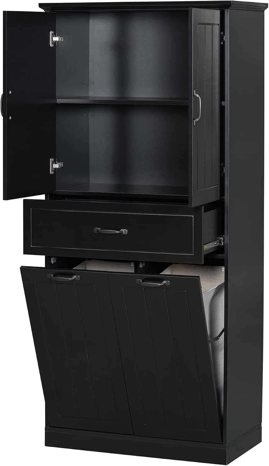 Bathroom Storage Cabinet with 2 Removable Bins, 65.8 in Tall | MDF, painted finish, adjustable shelf, 2 removable bins, enclosed storage, anti-tip, bathroom, 29.9 W x 15.7 D x 65.8 H in