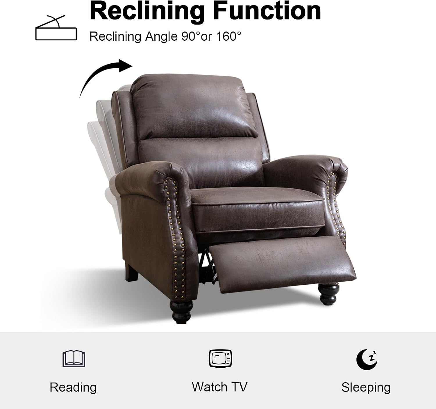 CANMOV Pushback Recliner Chair Set of 2, Faux Leather Armchair Push Back Recliner with Rivet Decoration Single Sofa Accent Chair for Living Room, Dark Grey