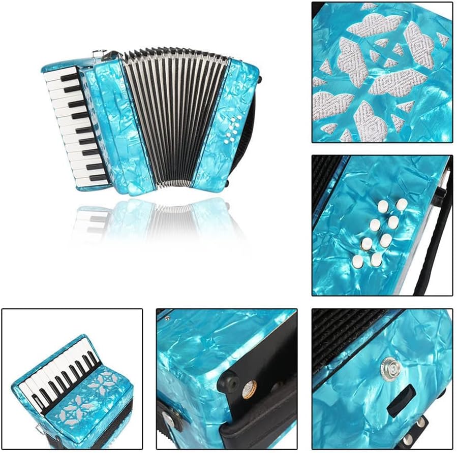 22 Buttons Accordion, 22 Keys 8 Bass Exquisite Celluloid Piano Accordion with Adjustable Straps, Professional Musical Instruments for Adults Beginners (Color : Cyan)