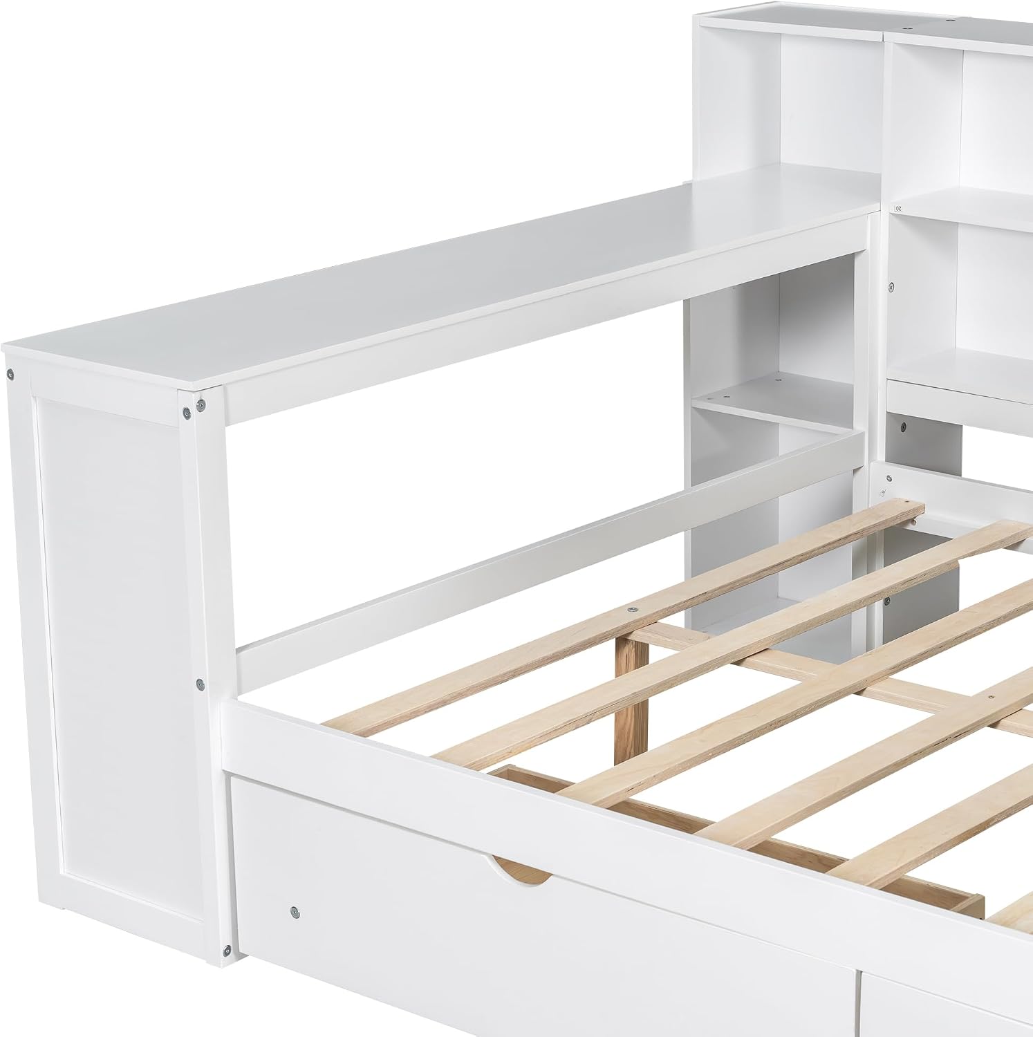 Bellemave Full Corner Bed with Storage Shelves and Desk, Upholstered Headboard Daybed with Bookcase and Drawers，Daybed with Storage, White+Beige Cushion