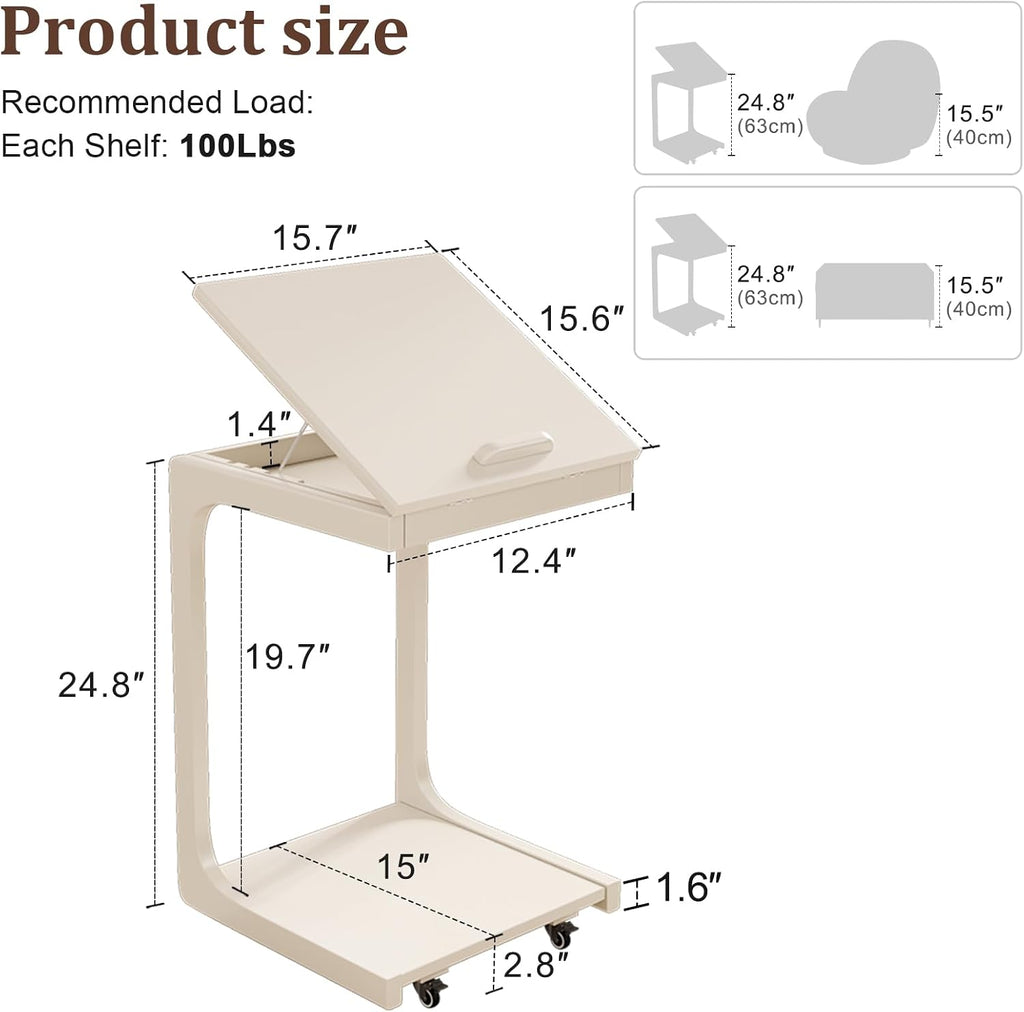 AQIMUELE Wooden C-Shaped End Table,Couch Table with Adjustable Desktop,Small Rolling Side Table with 2 Lockable Wheels,Small End Table for Couch, Living Room,Bedroom (White)