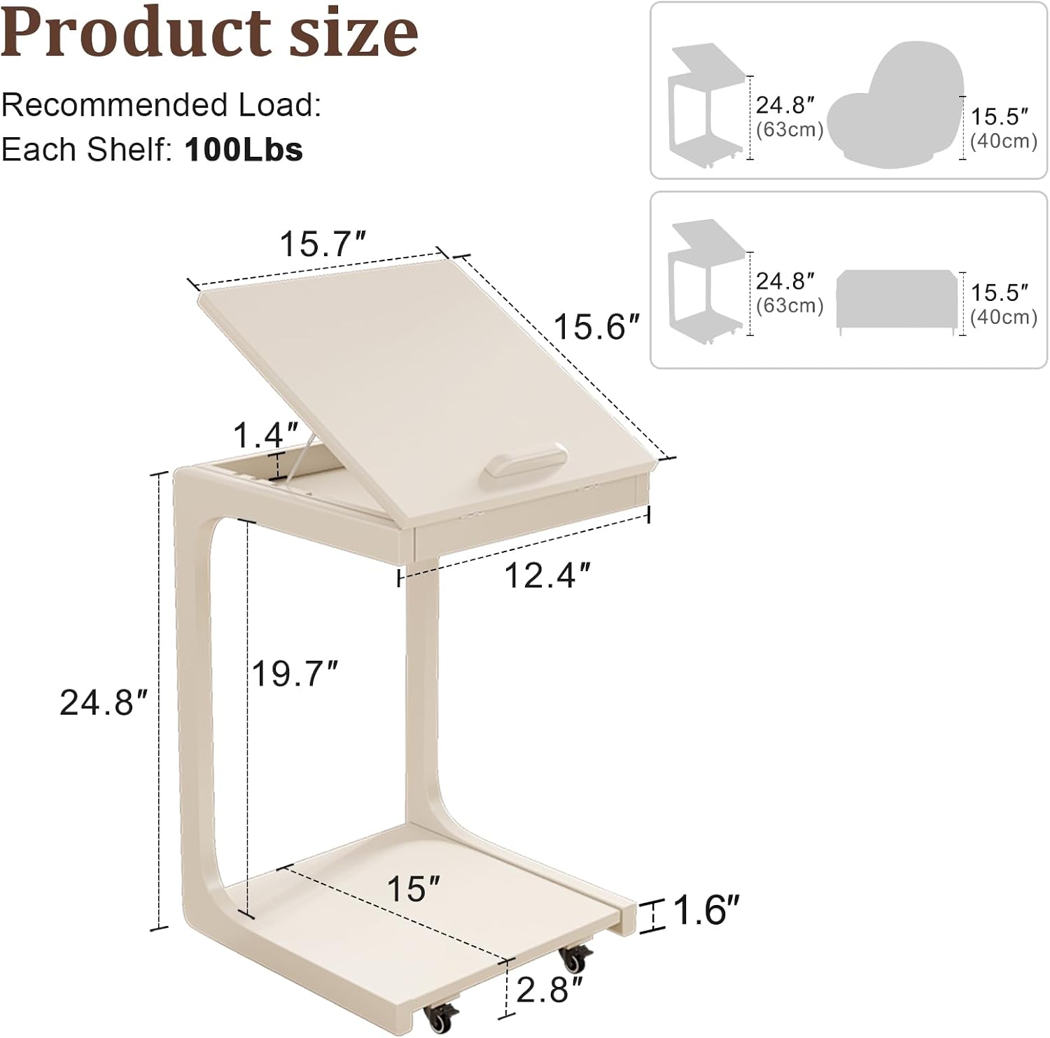 AQIMUELE Wooden C-Shaped End Table,Couch Table with Adjustable Desktop,Small Rolling Side Table with 2 Lockable Wheels,Small End Table for Couch, Living Room,Bedroom (White)