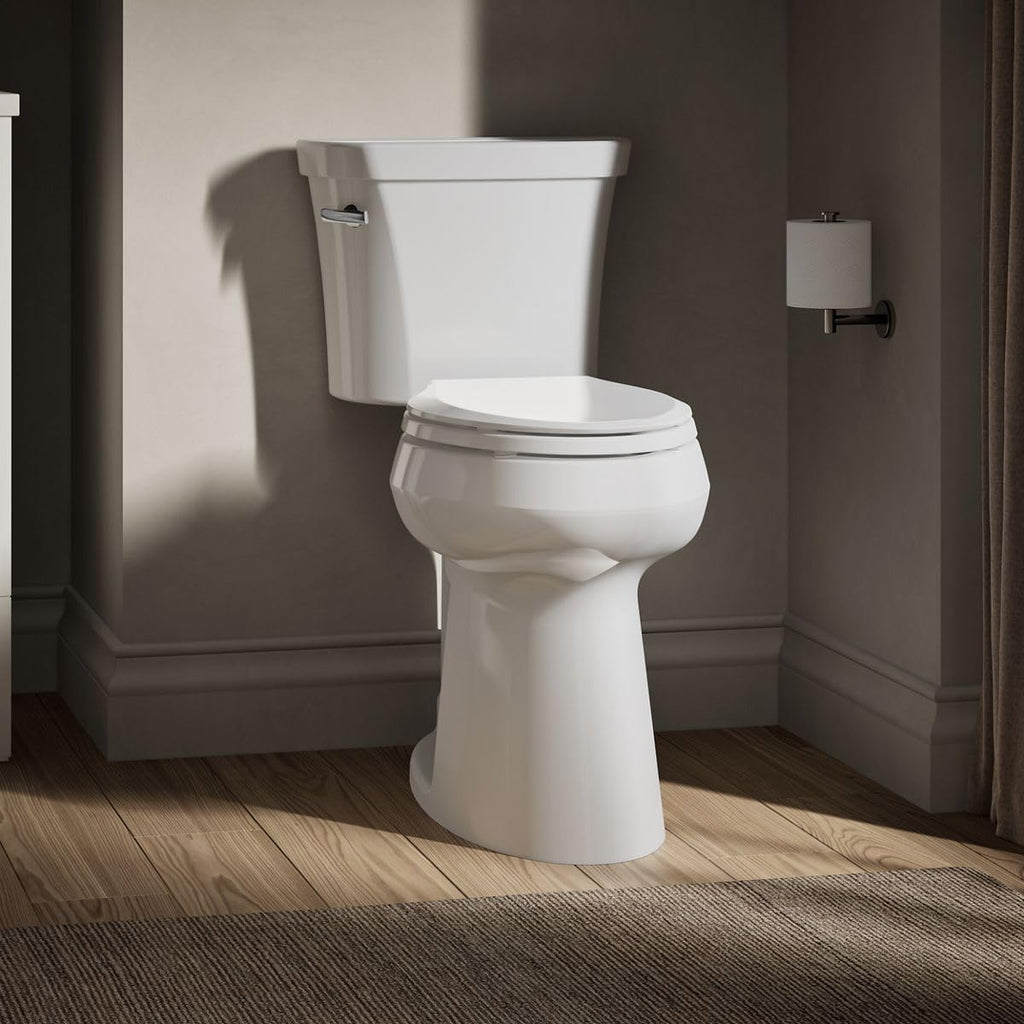 KOHLER K-25224-0 Highline Tall Two-Piece Elongated Toilet with Left-Hand Trip Lever, Elongated Toilet Bowl, 1.28 GPF, White