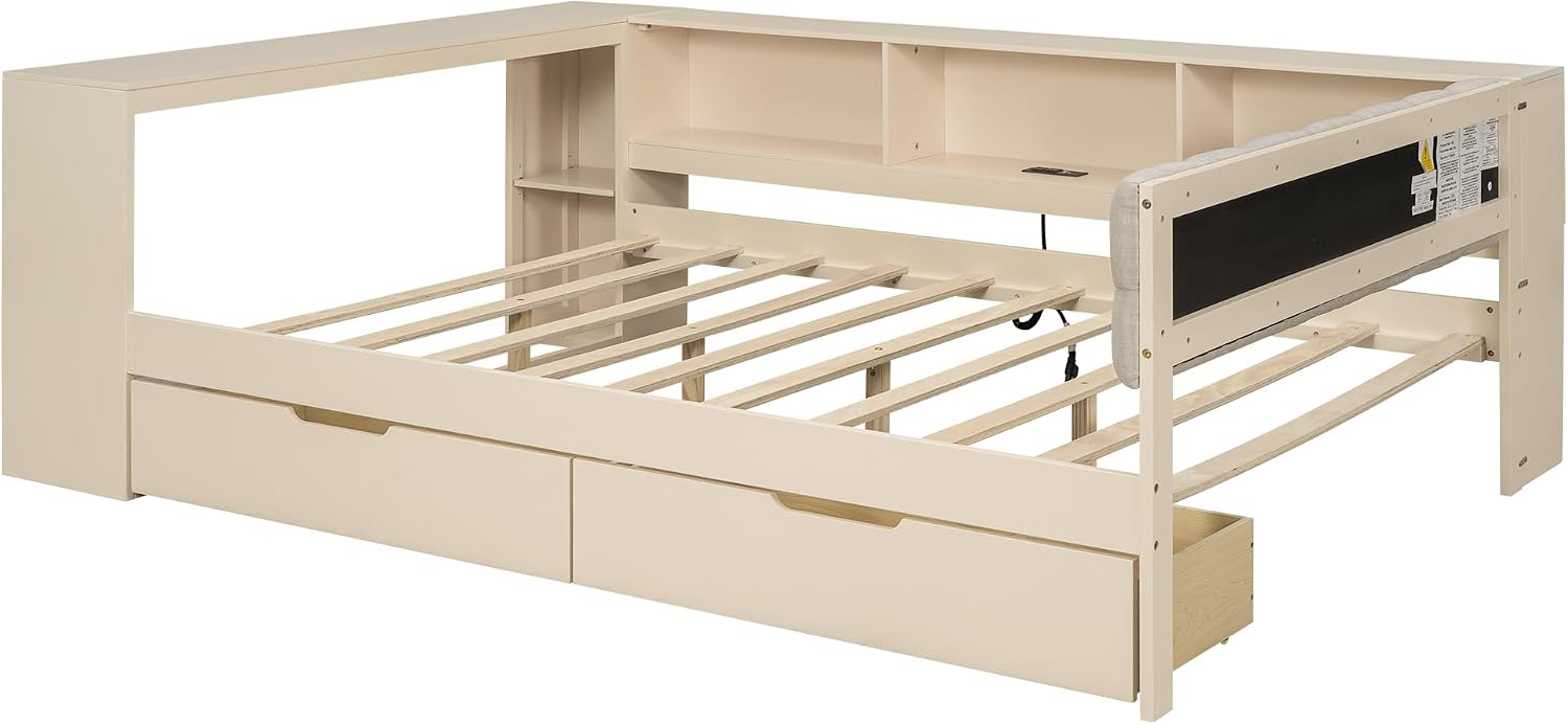 VilroCaz Modern Full Size Daybed with L-Shaped Bookcases and Desk, Solid Wood Daybed Sofa Bed Frame with 2 Drawers and Upholstered Headboard for Office Living Room Bedroom, Maximize Space (Full)