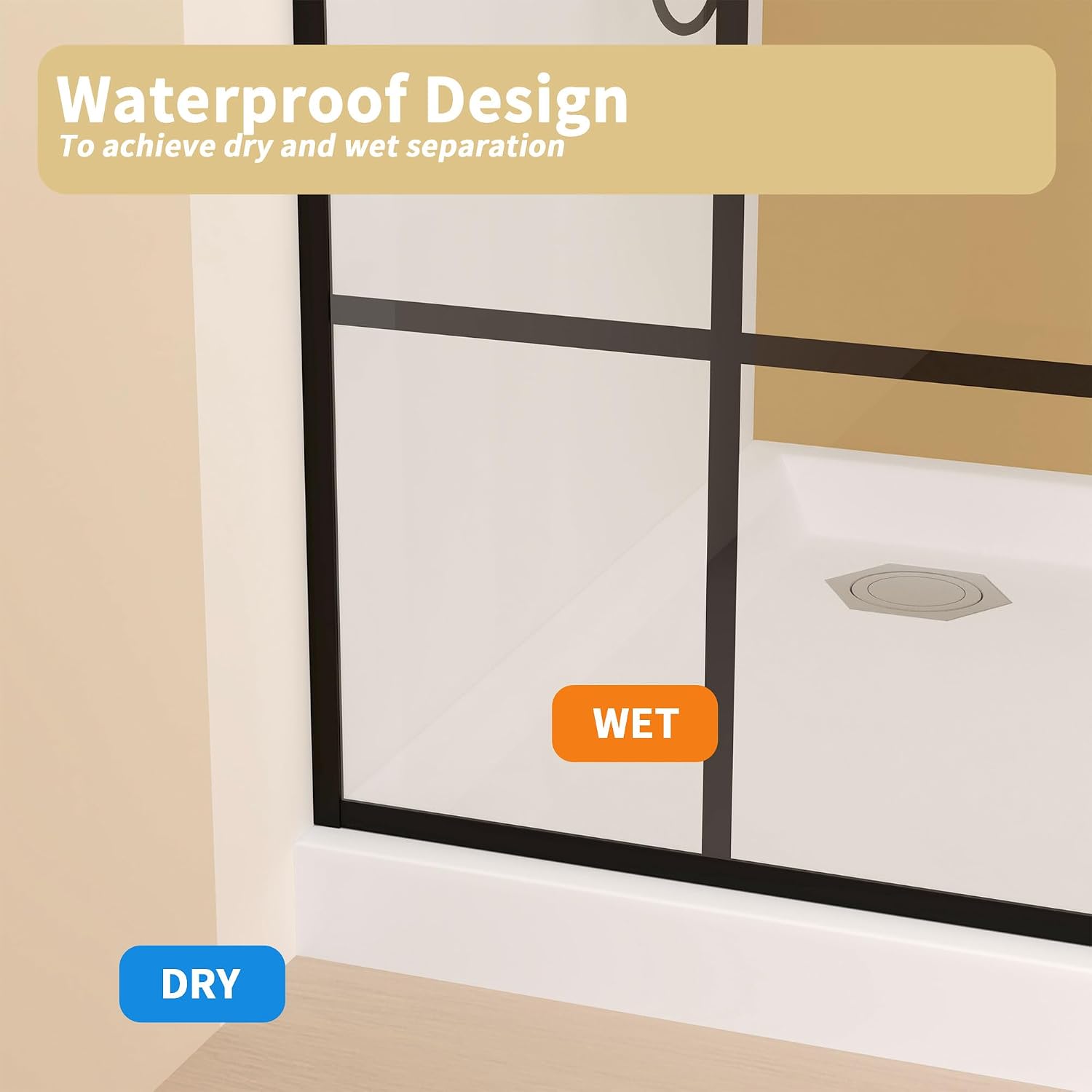 Framed Glass Shower Screen 34' Width x 72' Height with 1,4' 6mm Silk Printing Tempered Glass, Matte Black Aluminum and Support bar, Shower Door