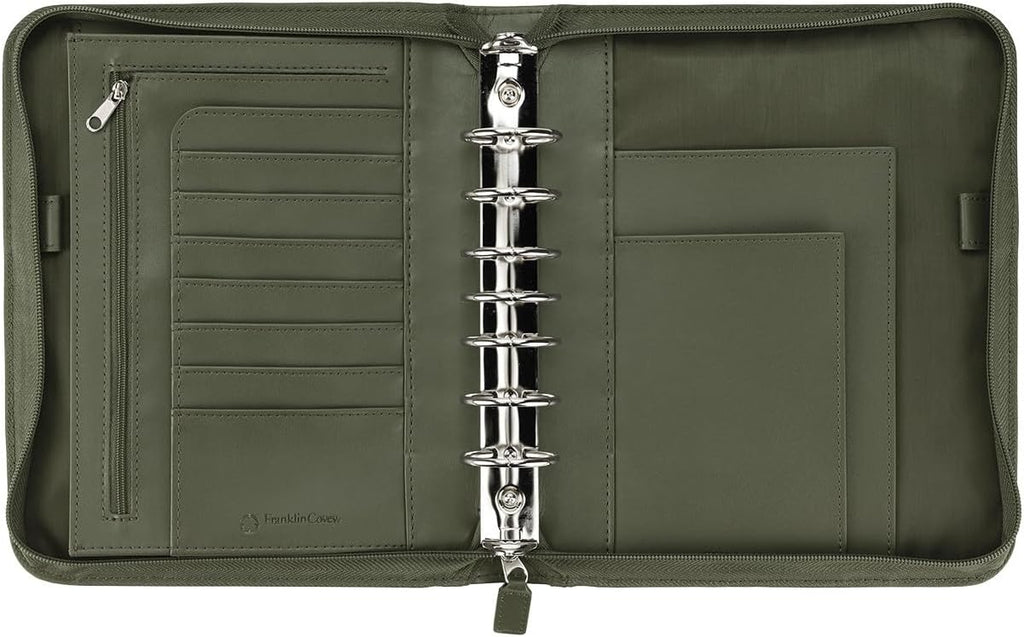 FranklinCovey - FC Signature Ring-Bound Binder for FranklinCovey Planners | Leather - Zipper Binder (Classic, Olive)