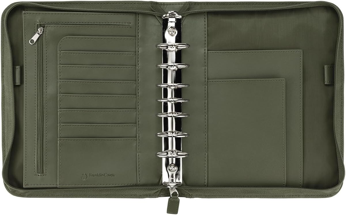 FranklinCovey - FC Signature Ring-Bound Binder for FranklinCovey Planners | Leather - Zipper Binder (Classic, Olive)