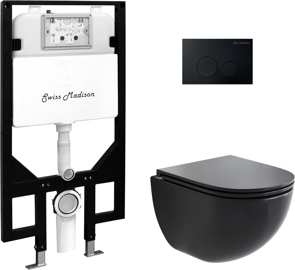 Swiss Madison St. Tropez Wall-Hung Toilet Bundle 0.8/1.6 GPF Dual Flush in Matte Black with Black Flush Plate