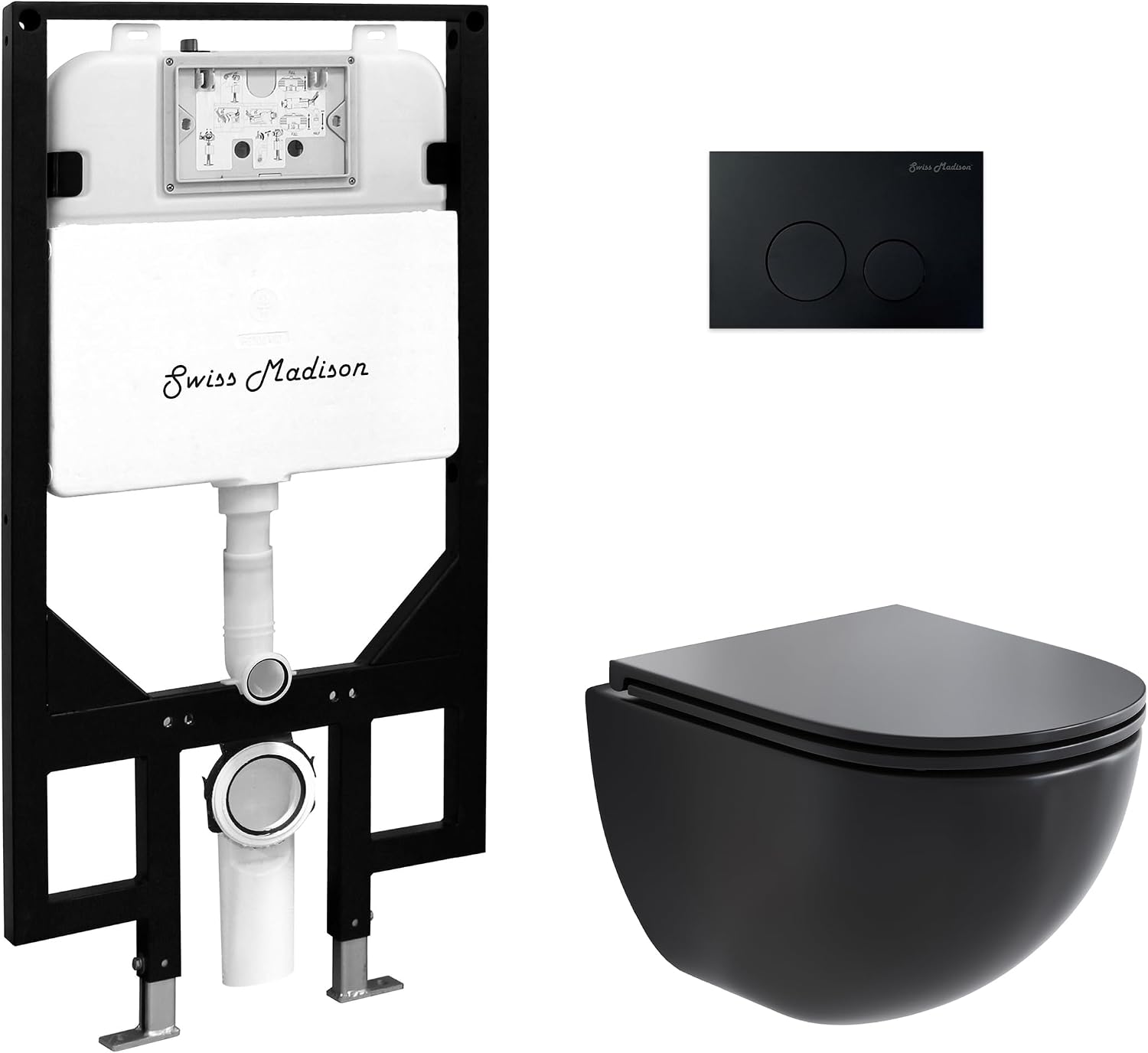 Swiss Madison St. Tropez Wall-Hung Toilet Bundle 0.8/1.6 GPF Dual Flush in Matte Black with Black Flush Plate