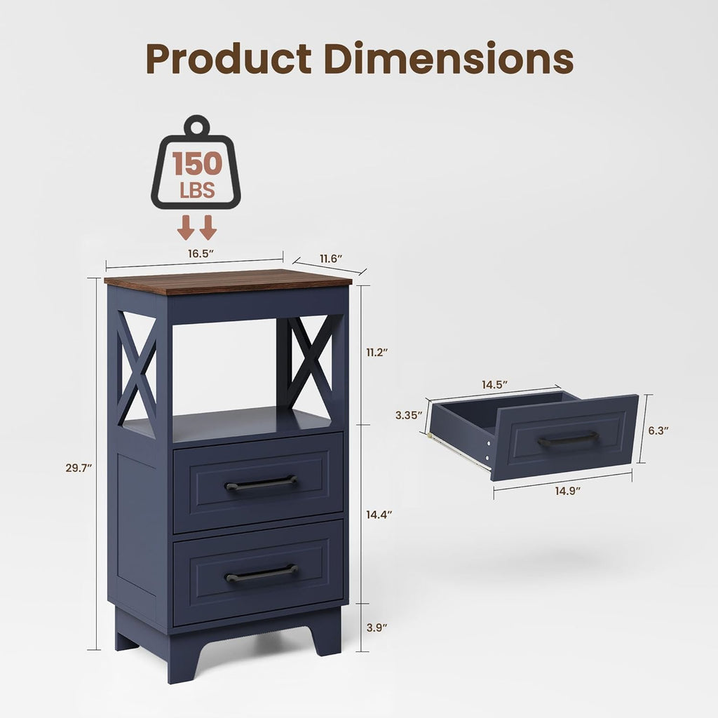 Tall Nightstand Set of 2 Side Table with 2 Drawers Modern Night Stand Wooden Rustic End Table Bedside Table with Upper Open Shelf Solid Feet for Bedroom Navy Blue+Walnut