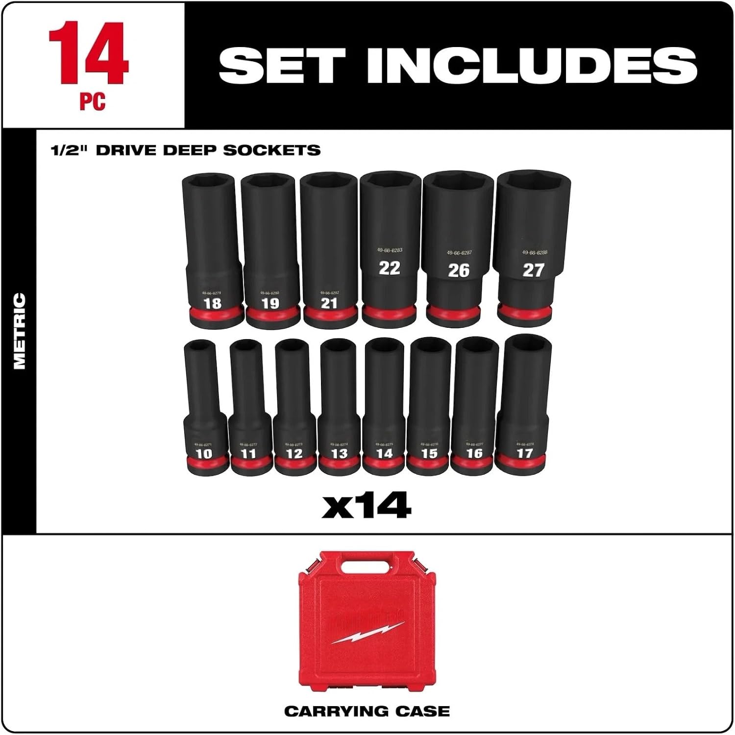 NEW 49-66-7014 for Milwaukee Impact Duty 1/2' Drive Metric 6 Point Socket Set -14PC