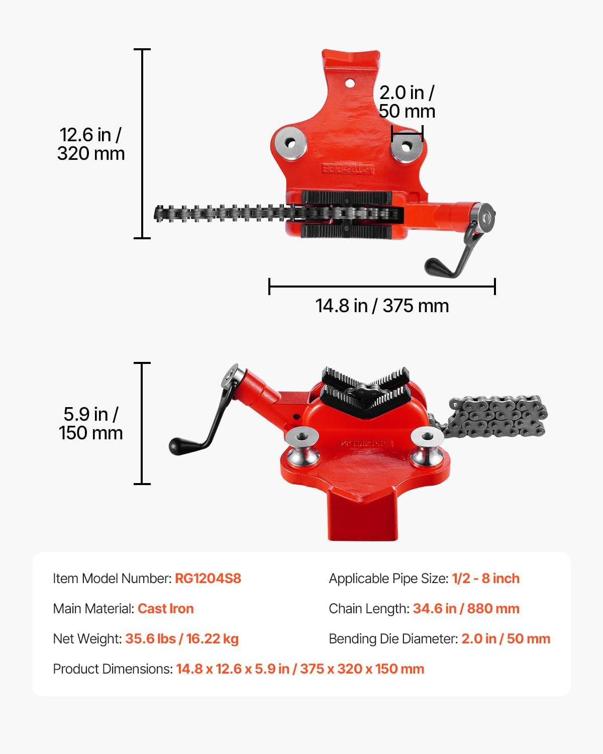 VEVOR Heavy-Duty Pipe Chain Vise, 1/2' - 8' Pipe Capacity, 34.6' Rugged Chain & Cast Iron Base, Industrial-Grade Pipe Clamping for Plumbing, Automotive Repairs, Metalworking
