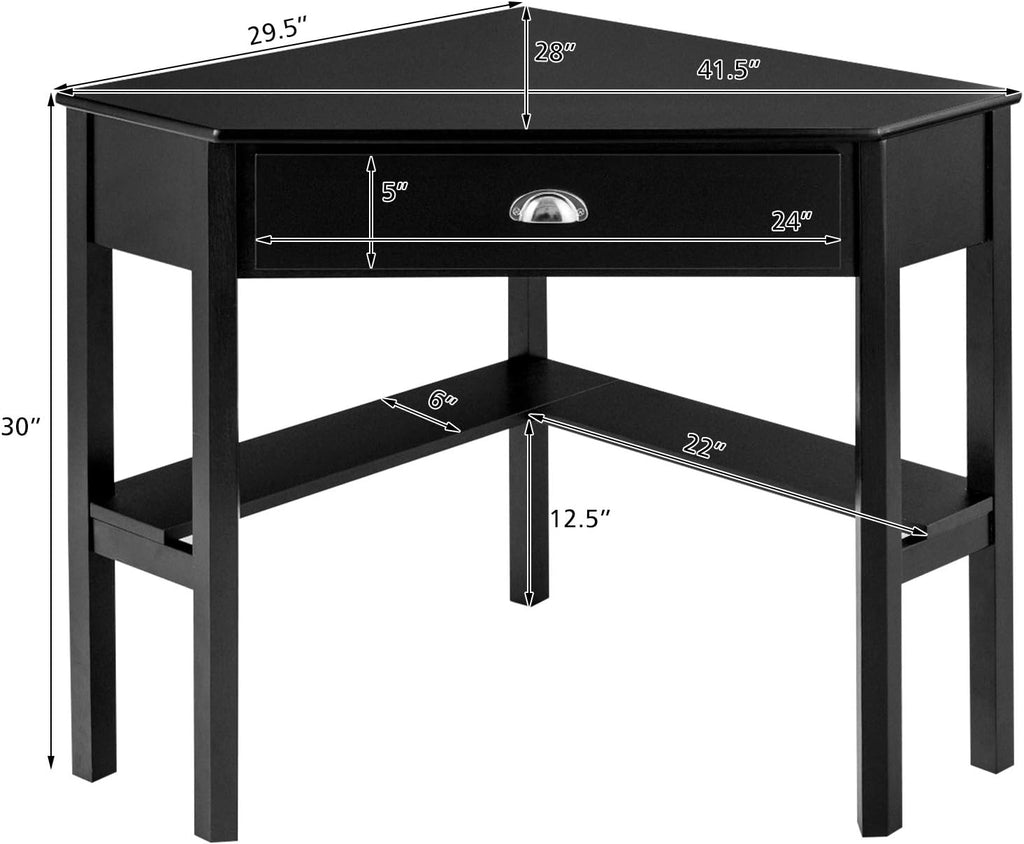 DORTALA Corner Desk, Writing & Study Corner Computer Desk, Laptop PC Table, Wood Home Office Desk, Small Corner Desk w/Storage Drawer, Shelves, Office Study Workstation, White Corner Desk (Black)