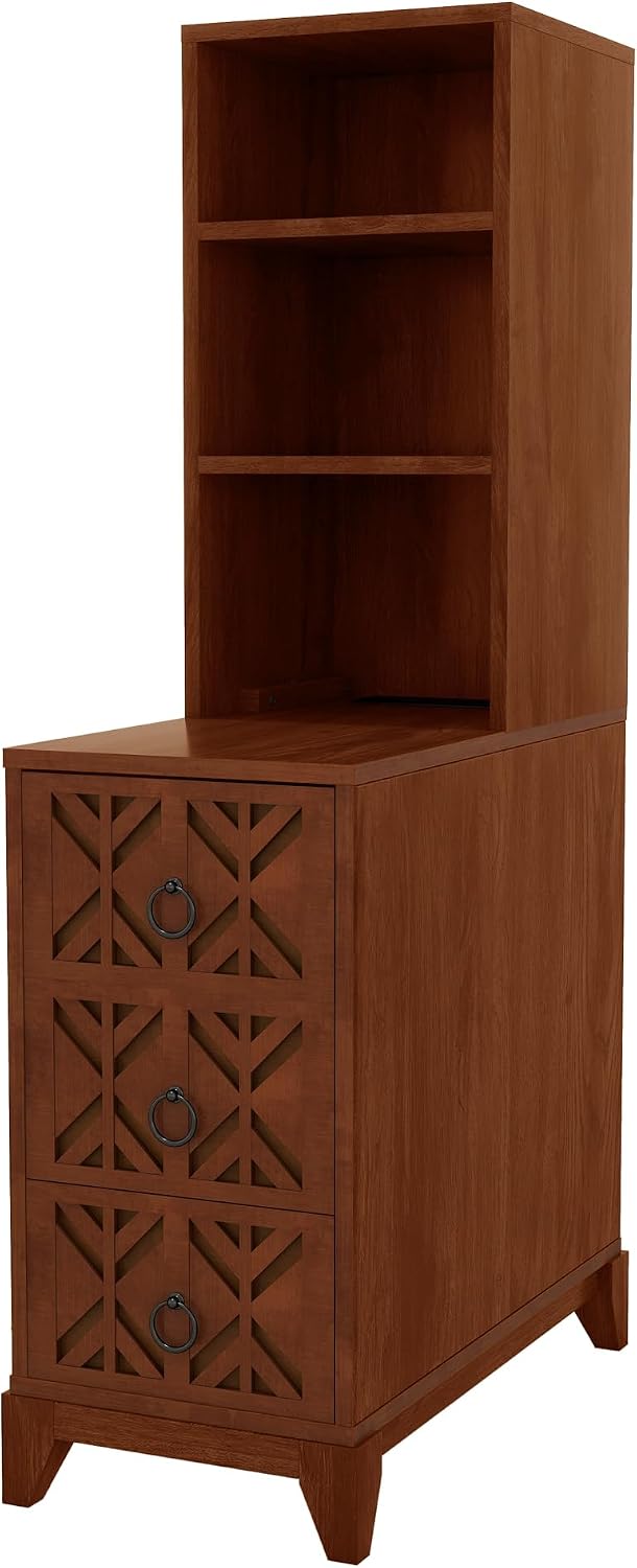 Mirightone Tall End Table with 3-Drawer and Shelves, Narrow Side Table with Charging Station, High Slim Corner Cabinet Bedside Table with Storage Bookcase for Living Room Bedroom, Walnut