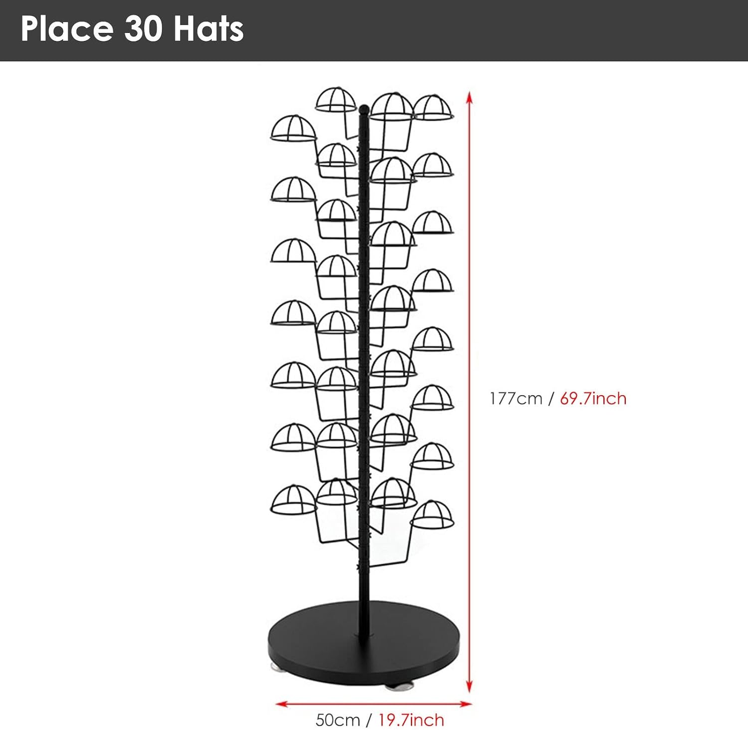 Hat Display Stand Standing Hat Racks for Baseball Caps Display, Large Capacity Metal Hat Holder Organizer - Place 30 Hats, for Commercial/Shops/Salons