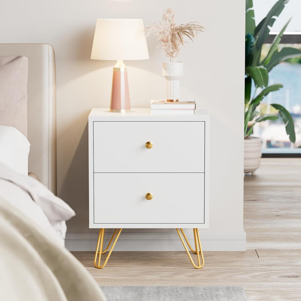 CARPETNAL White Nightstand Set of 2, End Side Table Double, Bedside Table with 2 Drawers, Dual Night Stand Metal Legs for Bedroom Living Room