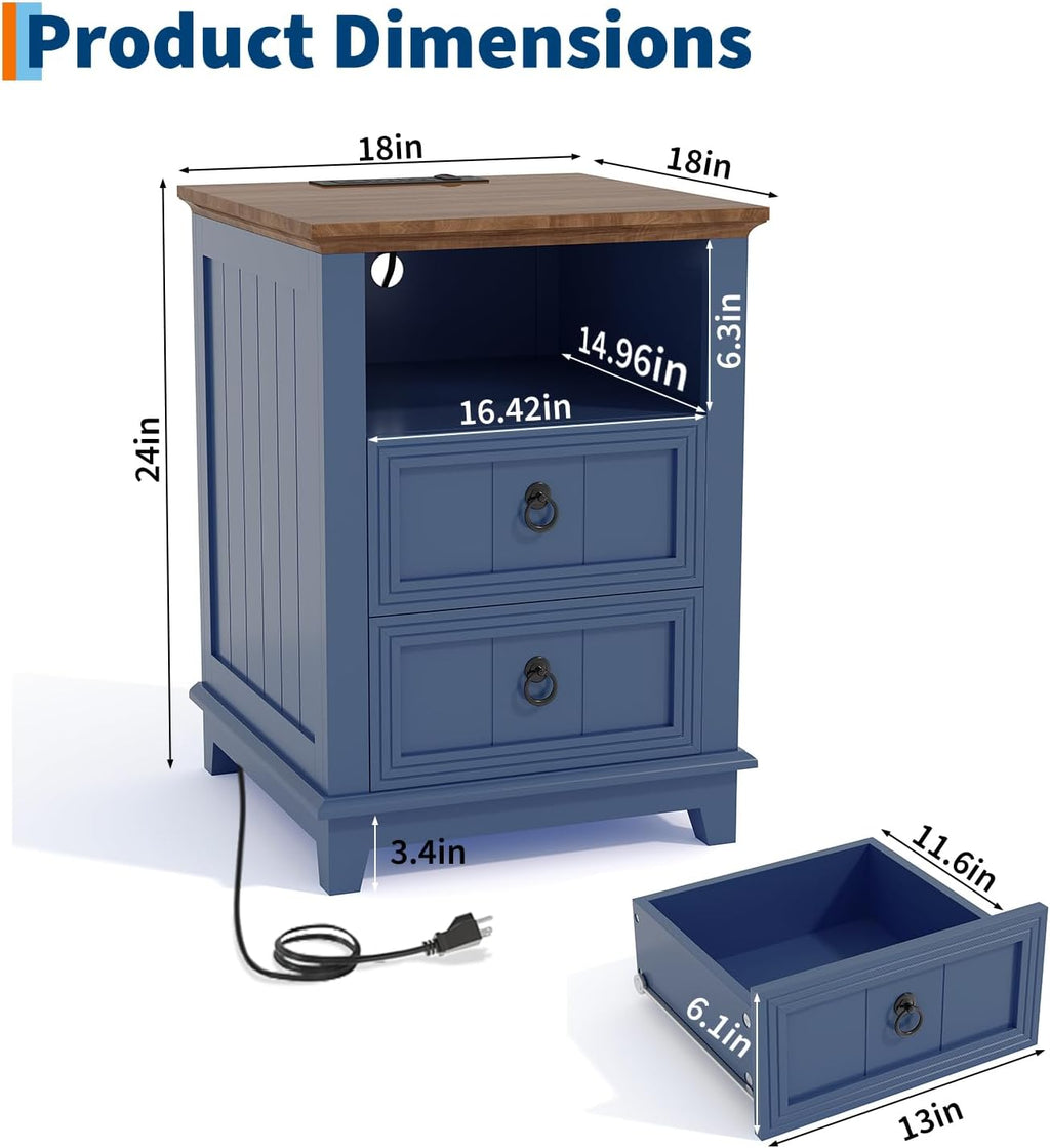 IDEALHOUSE 18in Nightstand Set of 2 with Charging Station, Farmhouse Bed Side Table Wood End Table with 2 Drawers and Open Shelf for Bedroom Living Room, Blue