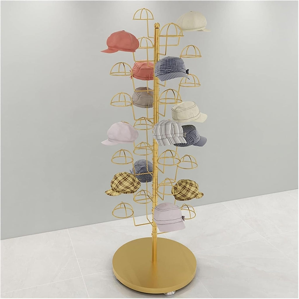 Standing Hat Display Rack, Large Capacity Metal Organizer for Baseball Caps, Fedora, Cowboy Hats, Holds 30, Ideal for Shops, Salons, and Homes(Gold)