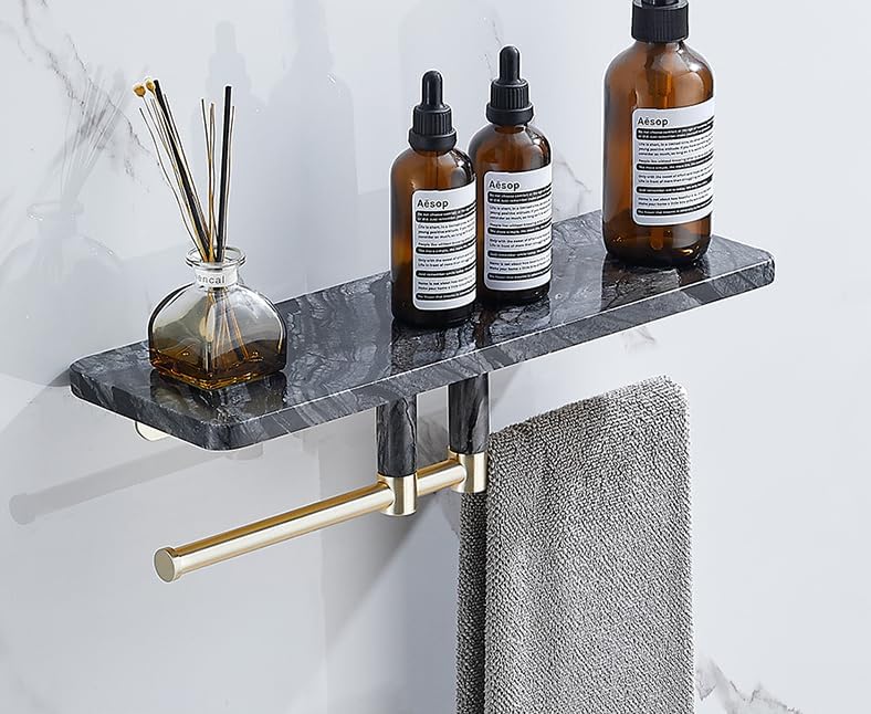Marble Paper Towel Holder, Towel Rail, Wall Mounted Toilet Paper Holder, Shelf, black-40 Long Shelf with bar