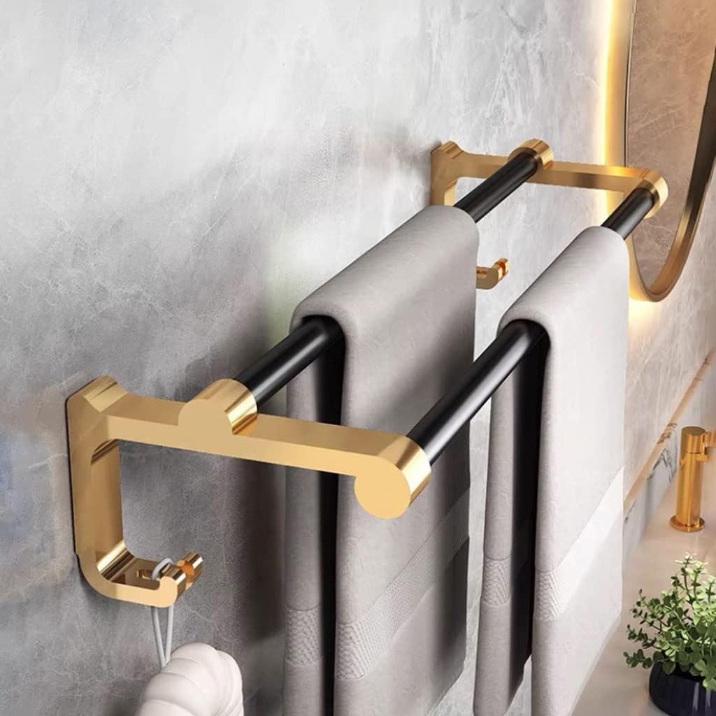 Towel Bar Towel Rack for Bathroom Double Towel Bar Black and Gold Aluminum Wall Mounted Towel Rack Shower Towel Holder Hanging Rack Bathroom Accessories Towel Shelf Towel