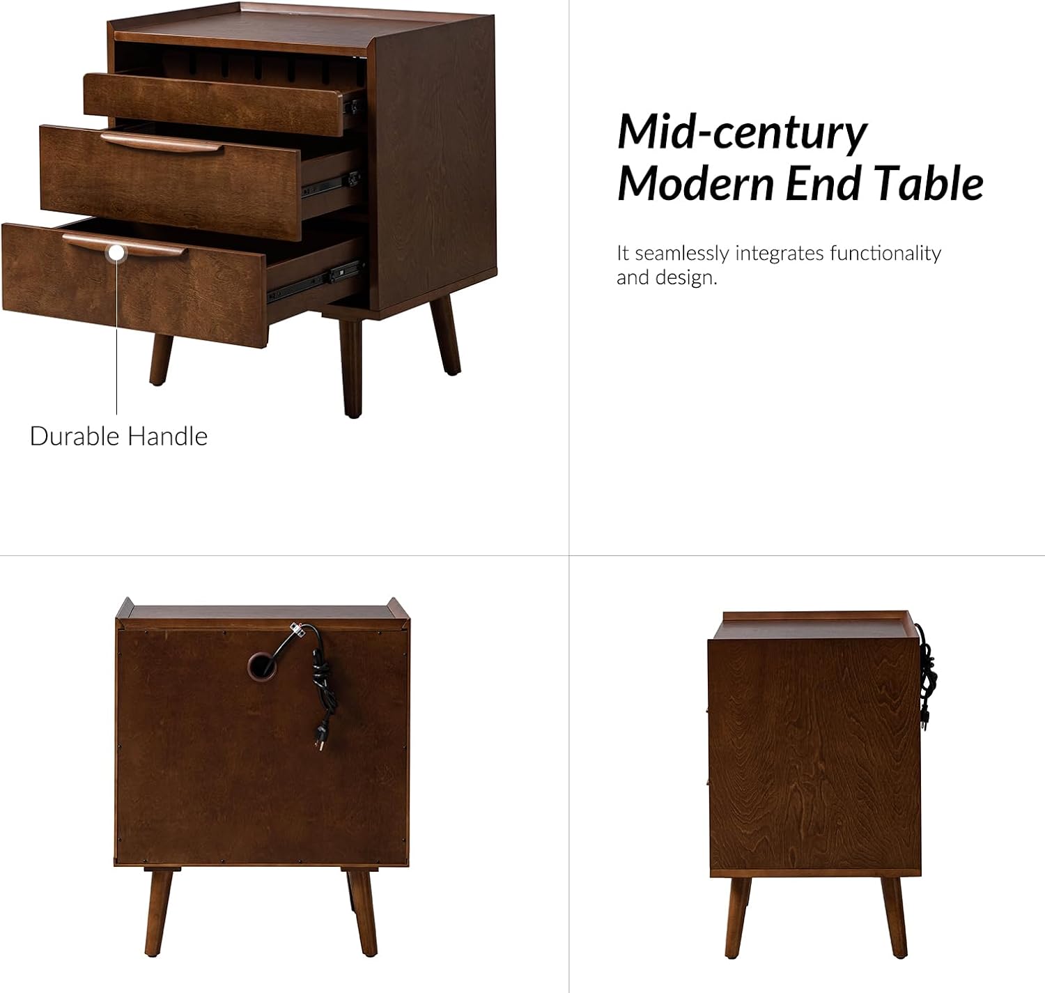 HULALA HOME 2 Drawer End Table with Pull-Out Shelf, Mid-Century Modern End Tables with Wood Legs, Wood Side Table with Charging Station(Walnut)