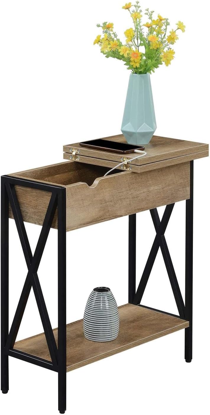 Convenience Concepts Tucson Flip Top End Table with Charging Station 23.75' - Modern Living Room Table with Storage Shelf, Side Table Side Table, Weathered Barnwood/Black