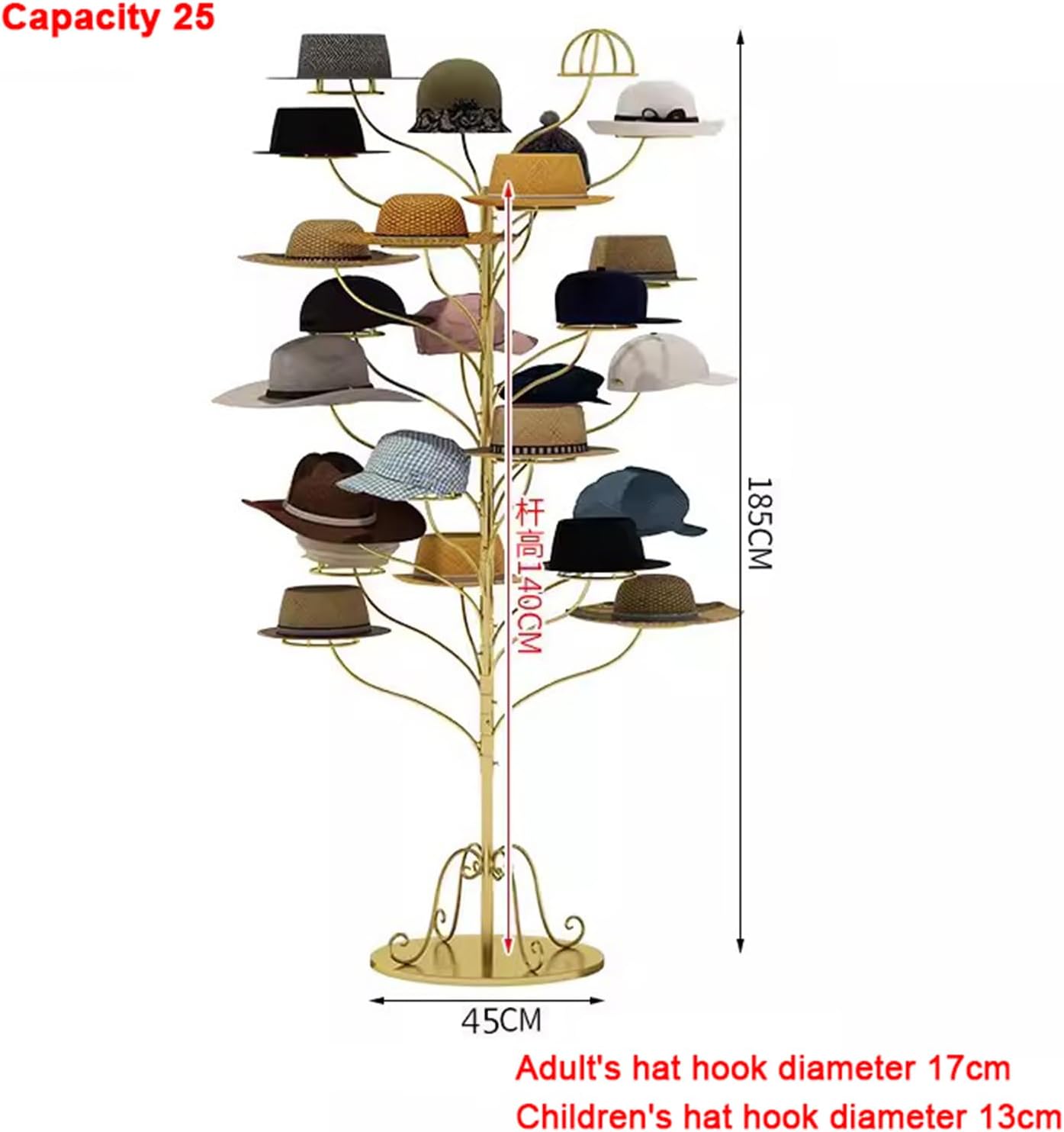Hat Rack Stand,Display Stand Freestanding Hats Rack Stand Metal Hats Display Stand Commercial Hat Racks for Baseball Caps Hat Organizer for Home/Stores (Gold Child Capacity 25),Gold,Child Capacity 25