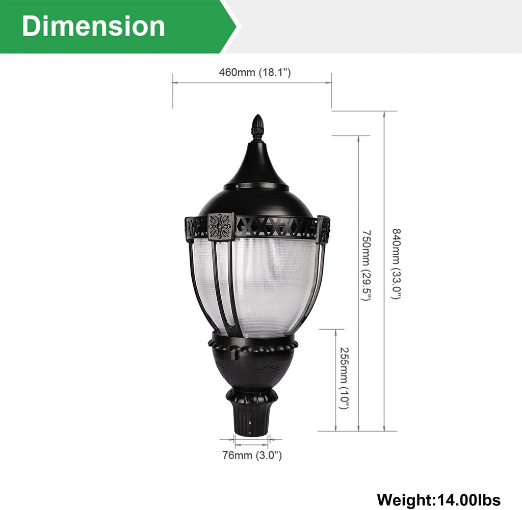 LED Acorn Post Top Light with Photocell Wattage and Color Adjustable 100W/80W/60W 3000K/4000K/5000K 100-277V Vintage Style Exterior Lighting for Driveway Yard Garden Park, UL Listed