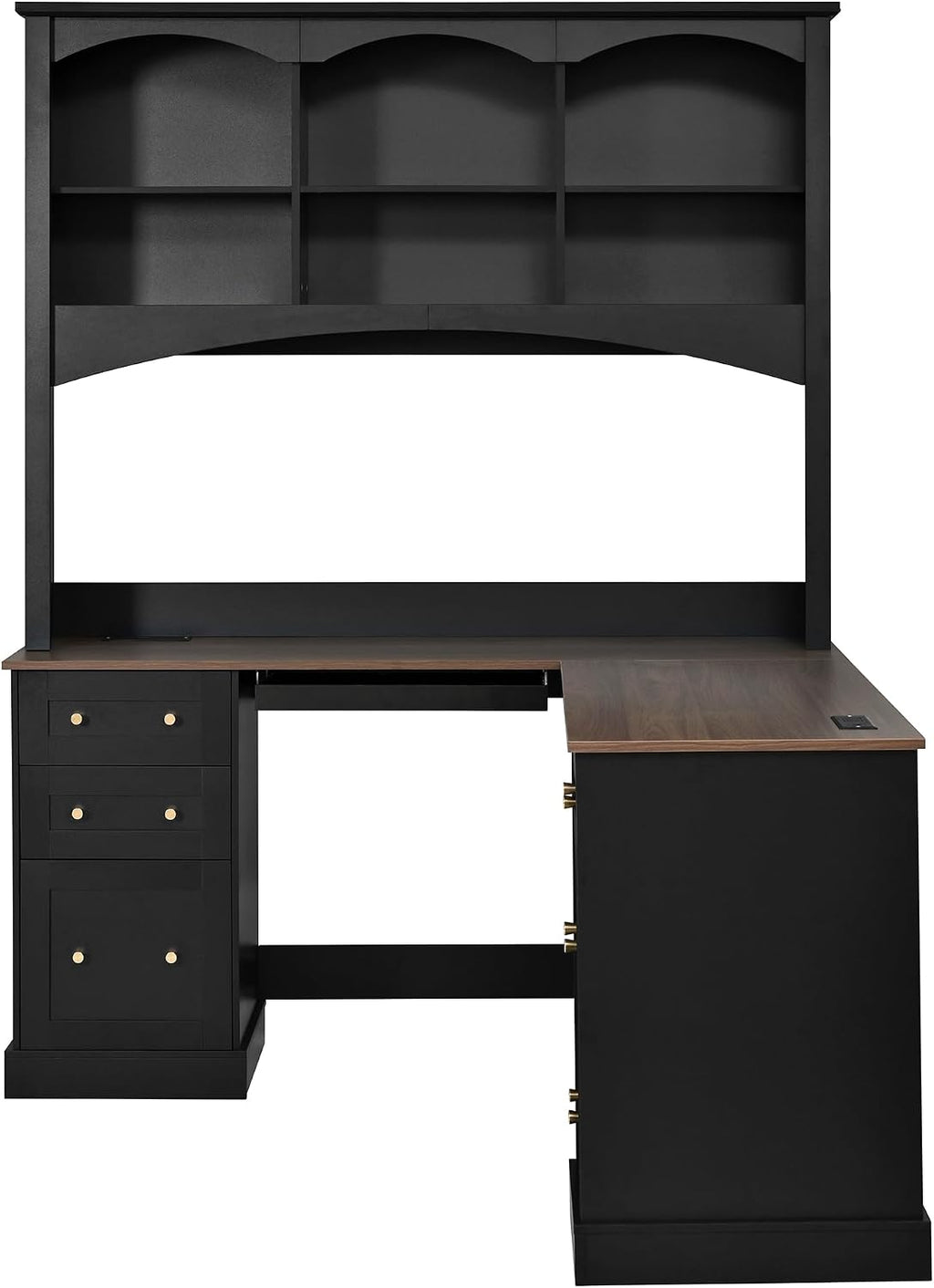L-Shaped Computer Desk with Keyboard Tray | Charging Stations,Corner Desk with Arched Hutch, All-in-One Home Office Desk for Study, Office