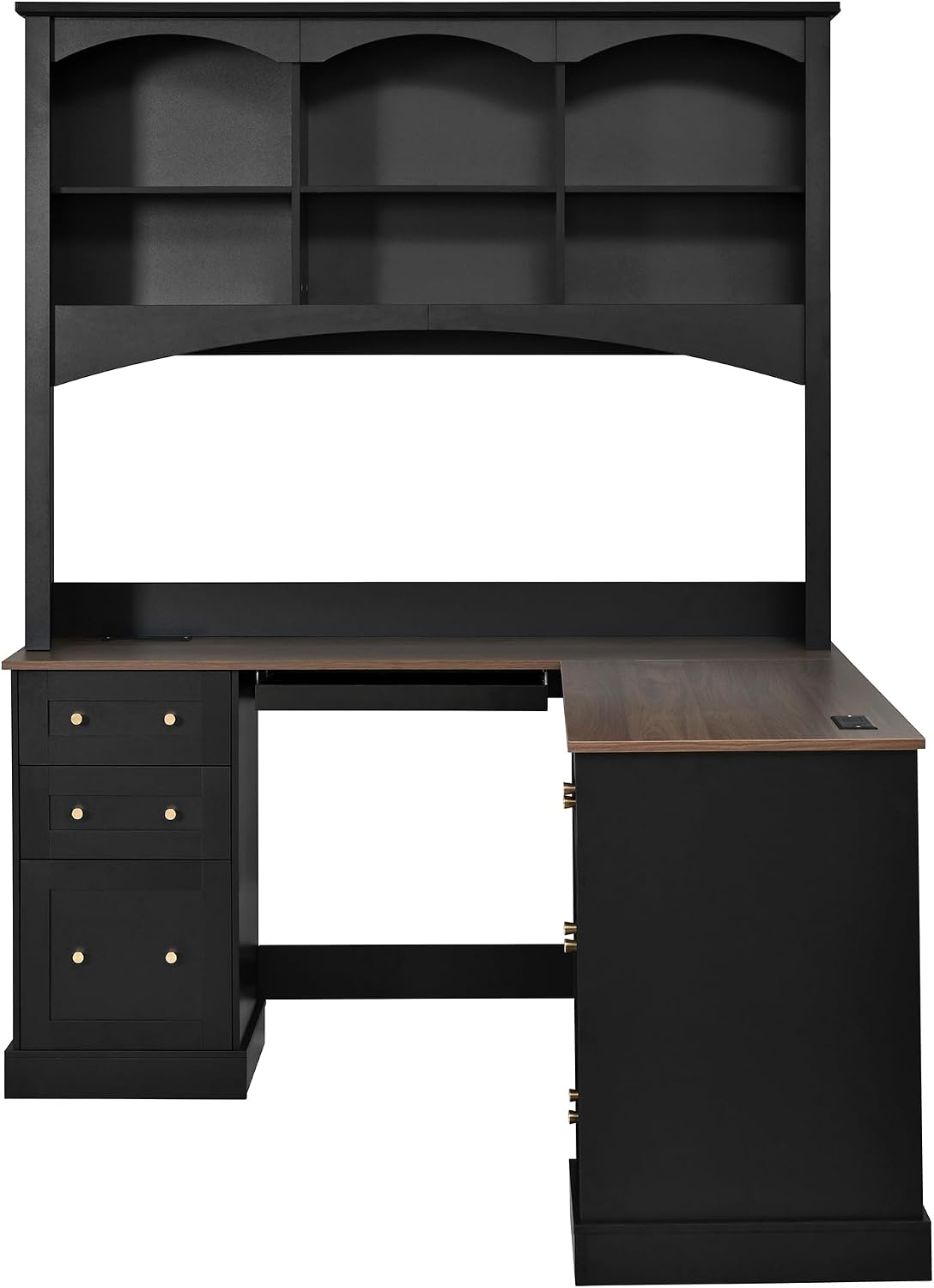 L-Shaped Computer Desk with Keyboard Tray | Charging Stations,Corner Desk with Arched Hutch, All-in-One Home Office Desk for Study, Office