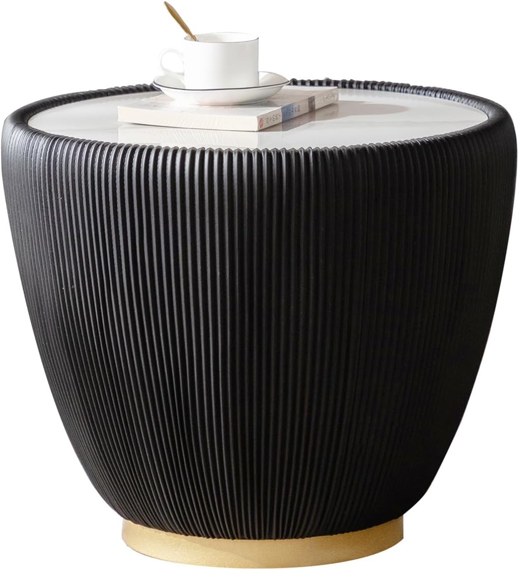 Modern Round End Table Luxury Sintered Stone Top Coffee Table in Black Leatherette Creative Bowl-Shape Small Coffee Side End Table for Living Room Bedroom,Fully Assembled